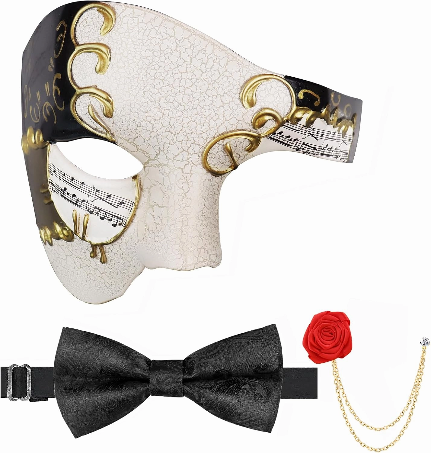 FunMular Masquerade Mask for Men Phantom of The Opera Mask Half Face with Bowtie Brooch for Halloween Mardi Gras Party