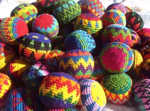 Funny Guy Mugs Hacky Kick Ball Sacks, Multicolored Crochet Assorted Geometric Pattern Hacky Ball, Foot Bag Kick Sack, Indoor and Outdoor Toys for Kids and Adults, Set of 6