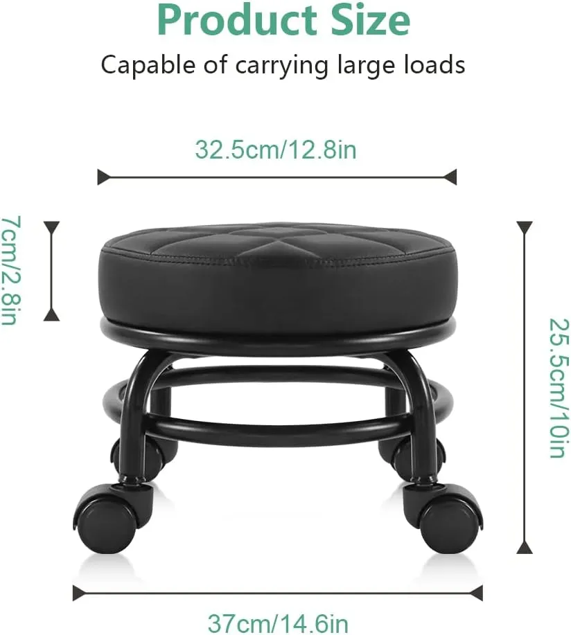 FURWOO Low Roller Seat PU Leather Rolling Stool with Wheels for Manicure, Mechanic,Home Office, Garage Shop Black