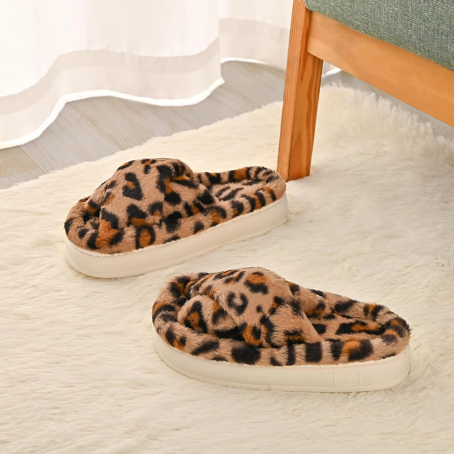 Fuzzy Open Toe House Slippers for Women, Plush Leopard Cross Band Slides, Soft Plush Faux Fur Lining Bedroom Shoes, Non-Slip Winter Indoor Slippers