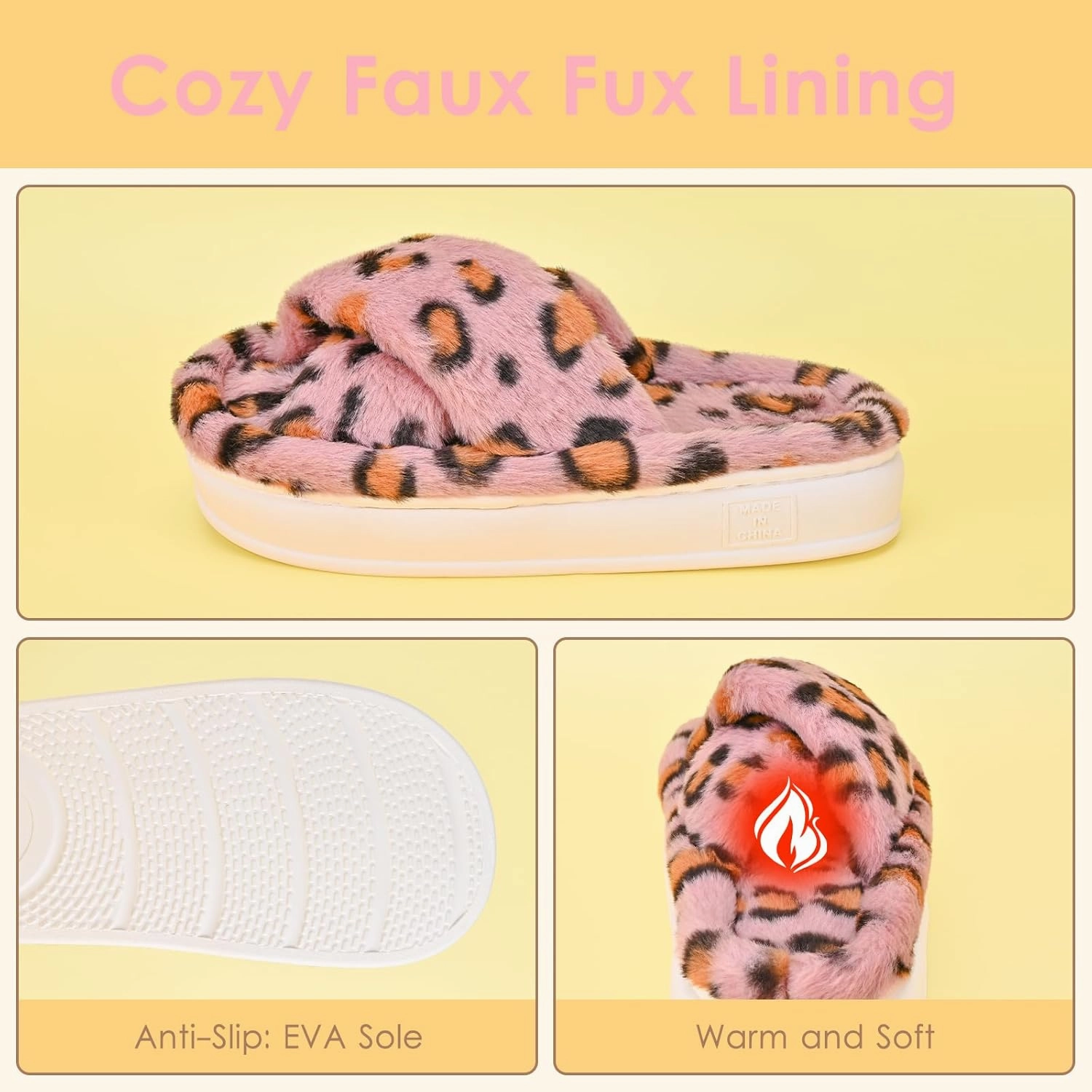 Fuzzy Open Toe House Slippers for Women, Plush Leopard Cross Band Slides, Soft Plush Faux Fur Lining Bedroom Shoes, Non-Slip Winter Indoor Slippers
