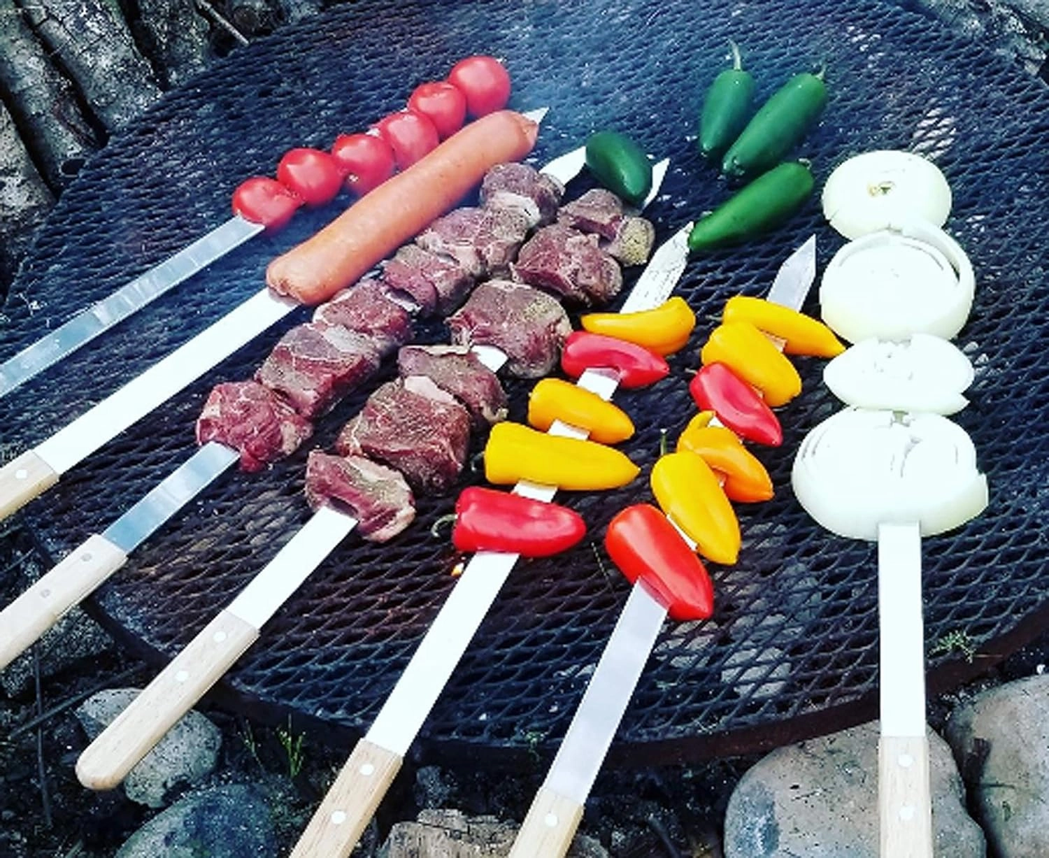 G & F Products BBQ Skewers, 23" x 5/8" Stainless Steel Flat Metal Skewers with Wooden Handles, Heavy-Duty 8-Piece Set with Camouflage Carry Bag for Grilling Meat, Vegetables, and Outdoor Cooking