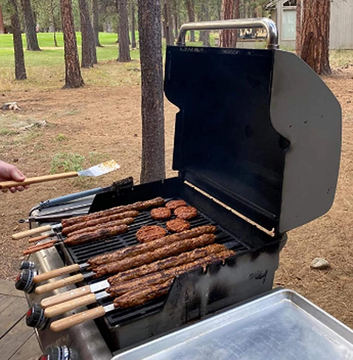 G & F Products BBQ Skewers, 23" x 5/8" Stainless Steel Flat Metal Skewers with Wooden Handles, Heavy-Duty 8-Piece Set with Camouflage Carry Bag for Grilling Meat, Vegetables, and Outdoor Cooking