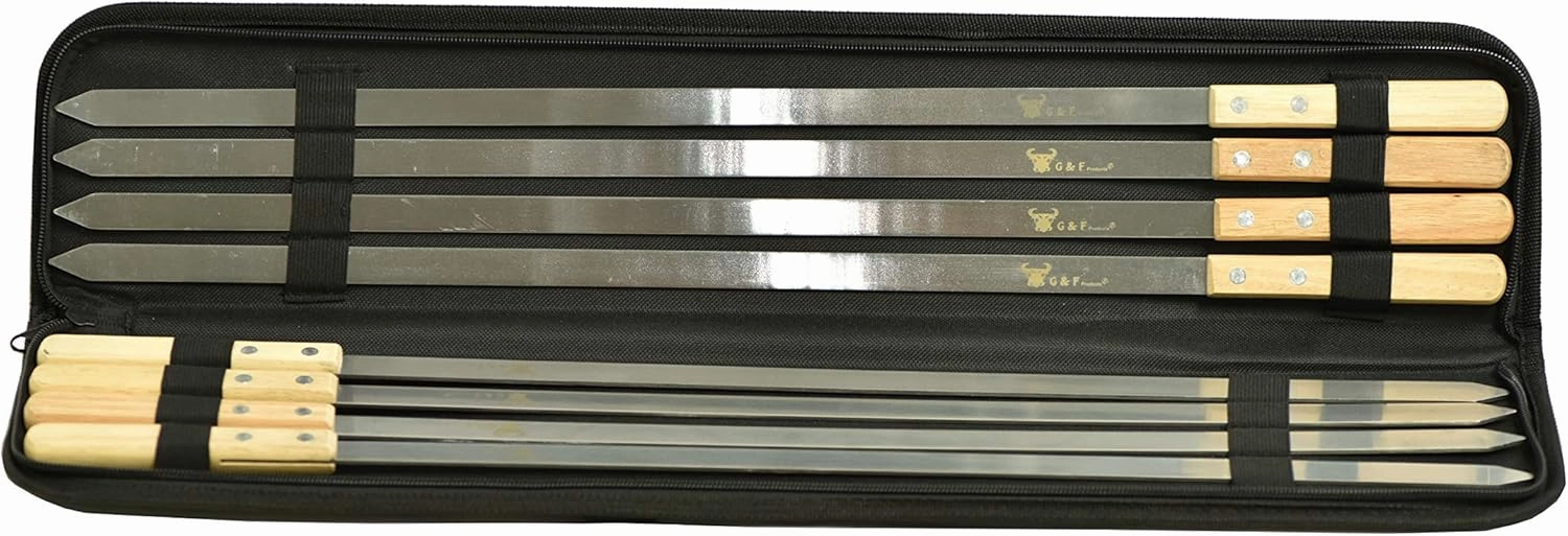 G & F Products BBQ Skewers, 23" x 5/8" Stainless Steel Flat Metal Skewers with Wooden Handles, Heavy-Duty 8-Piece Set with Camouflage Carry Bag for Grilling Meat, Vegetables, and Outdoor Cooking