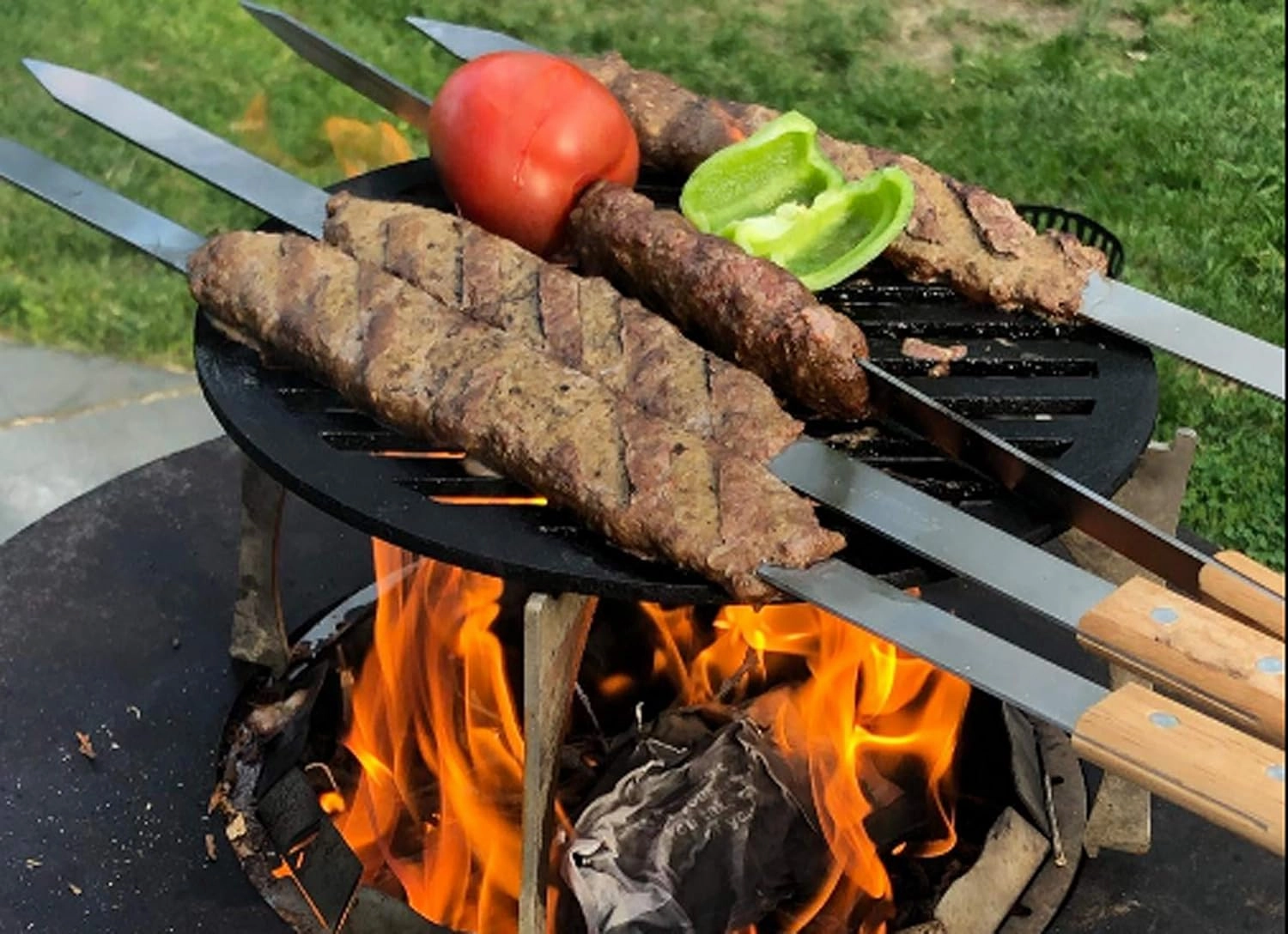 G & F Products BBQ Skewers, 23" x 5/8" Stainless Steel Flat Metal Skewers with Wooden Handles, Heavy-Duty 8-Piece Set with Camouflage Carry Bag for Grilling Meat, Vegetables, and Outdoor Cooking