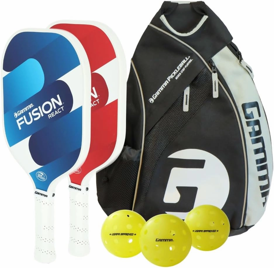 GAMMA USAPA Approved Fiberglass Pickleball Paddle Set with 2 Paddles, 3 Outdoor Balls, & Sling Bag, Fusion React Pickleball Bundle, Red/Blue, Pickle-Ball Equipment