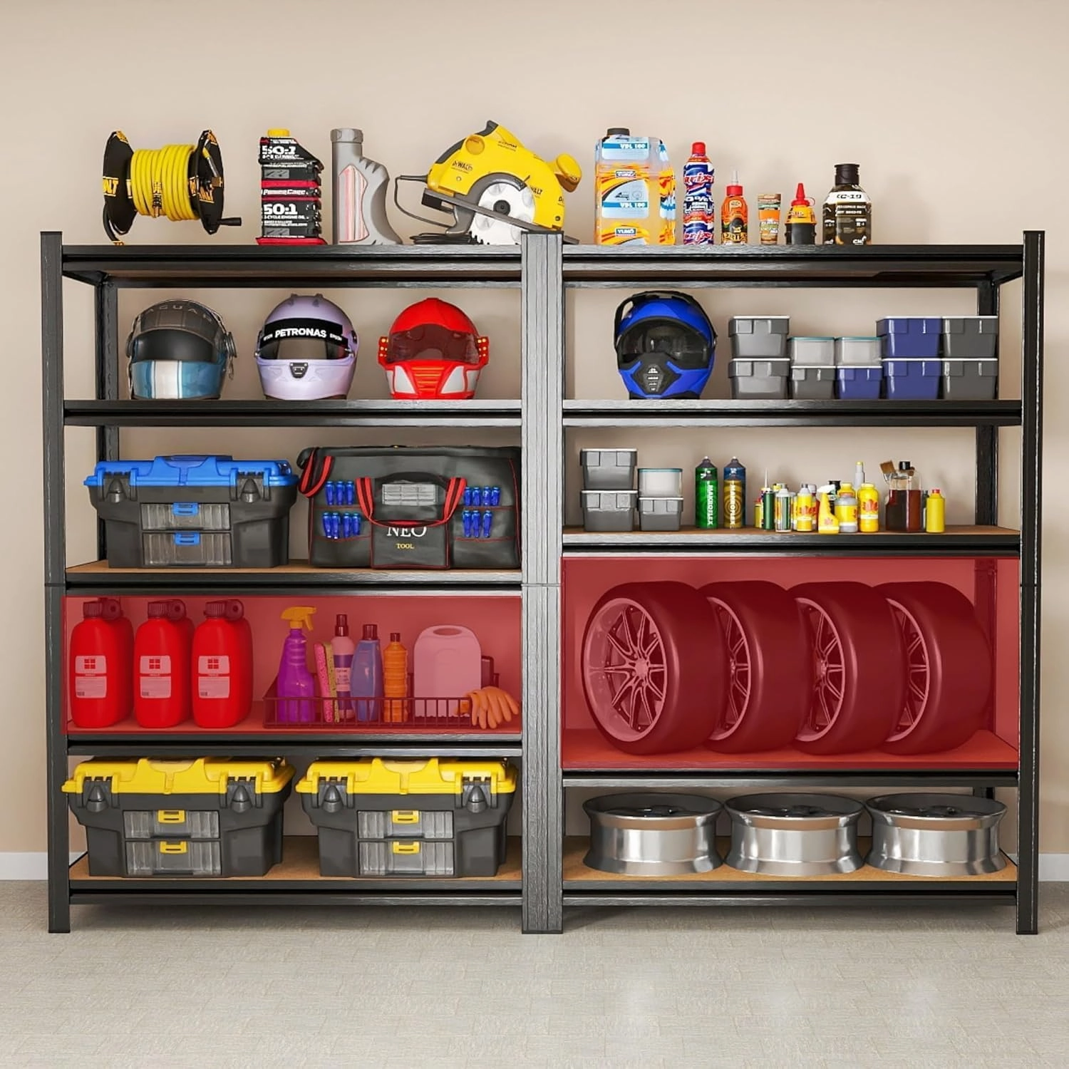 Garage Shelving Unit, 3000Lbs Heavy Duty 5-Tier Metal & Wood Adjustable Storage Rack, Black, for Garage, Basement, Warehouse, Utility Storage (Wood 87" H x 47.2" W x 23.6" D)