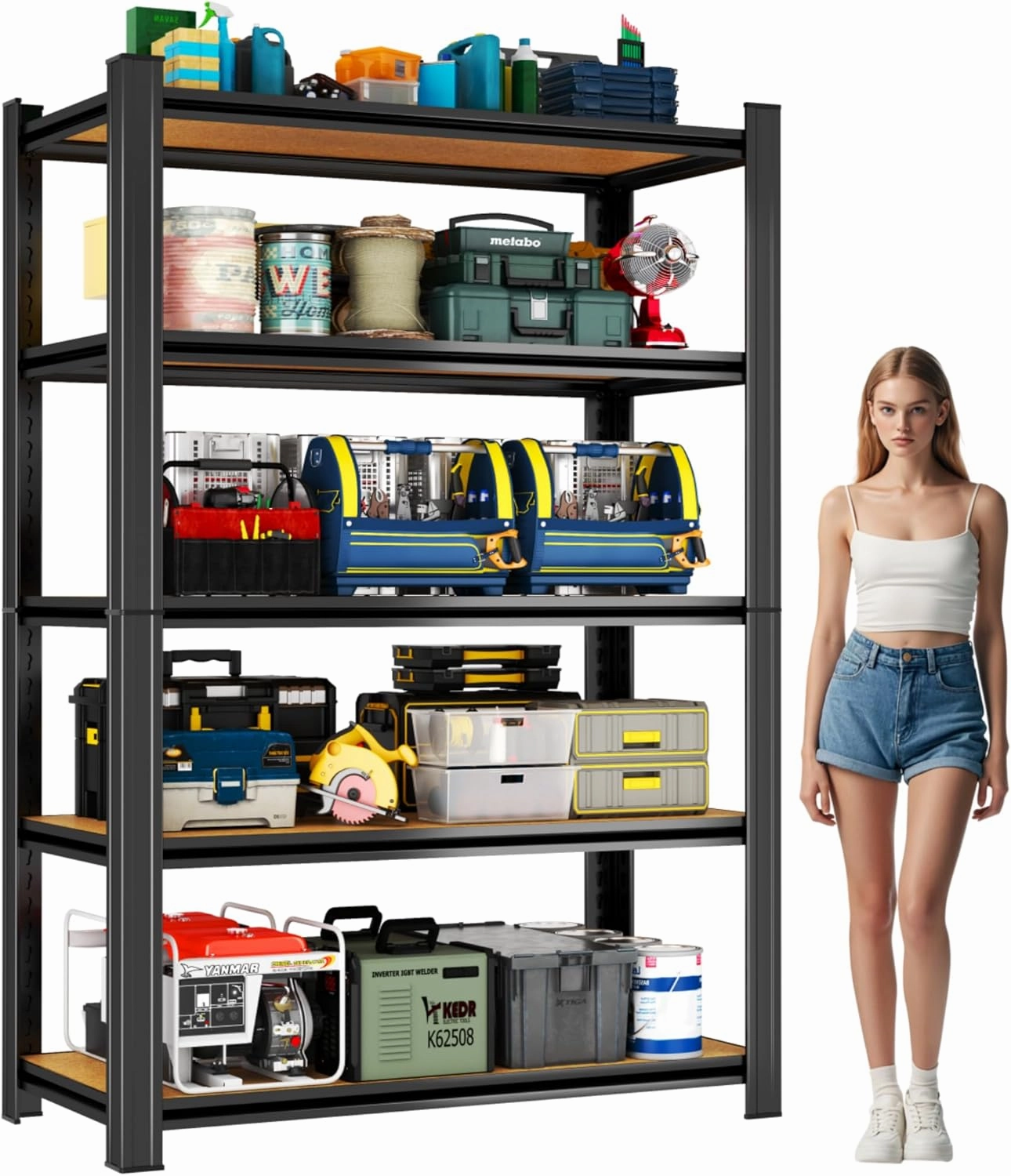 Garage Shelving Unit, 3000Lbs Heavy Duty 5-Tier Metal & Wood Adjustable Storage Rack, Black, for Garage, Basement, Warehouse, Utility Storage (Wood 87" H x 47.2" W x 23.6" D)