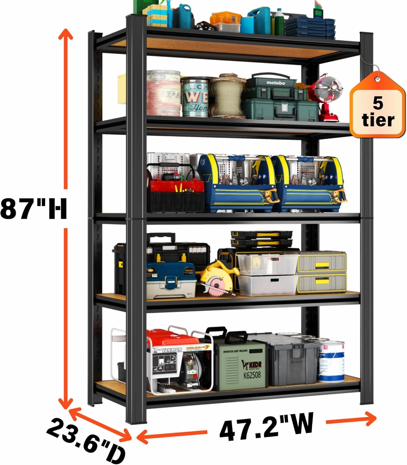 Garage Shelving Unit, 3000Lbs Heavy Duty 5-Tier Metal & Wood Adjustable Storage Rack, Black, for Garage, Basement, Warehouse, Utility Storage (Wood 87" H x 47.2" W x 23.6" D)