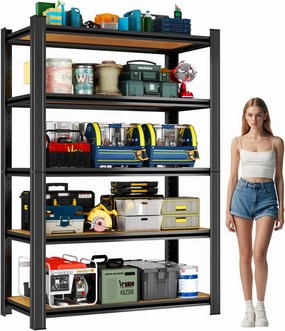 Garage Shelving Unit, 3000Lbs Heavy Duty 5-Tier Metal & Wood Adjustable Storage Rack, Black, for Garage, Basement, Warehouse, Utility Storage (Wood 87" H x 47.2" W x 23.6" D)