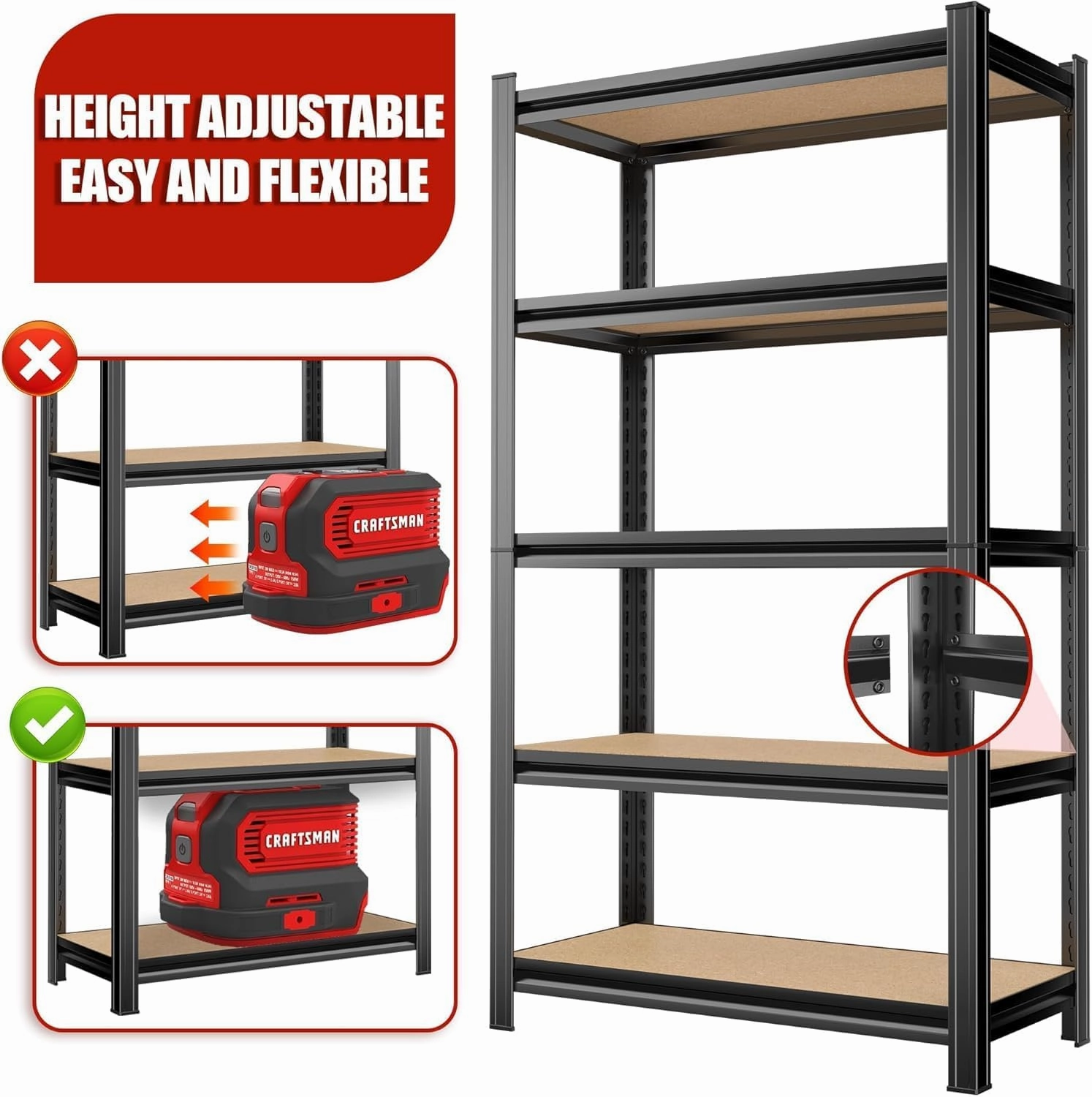 Garage Shelving Unit, 3000Lbs Heavy Duty 5-Tier Metal & Wood Adjustable Storage Rack, Black, for Garage, Basement, Warehouse, Utility Storage (Wood 87" H x 47.2" W x 23.6" D)