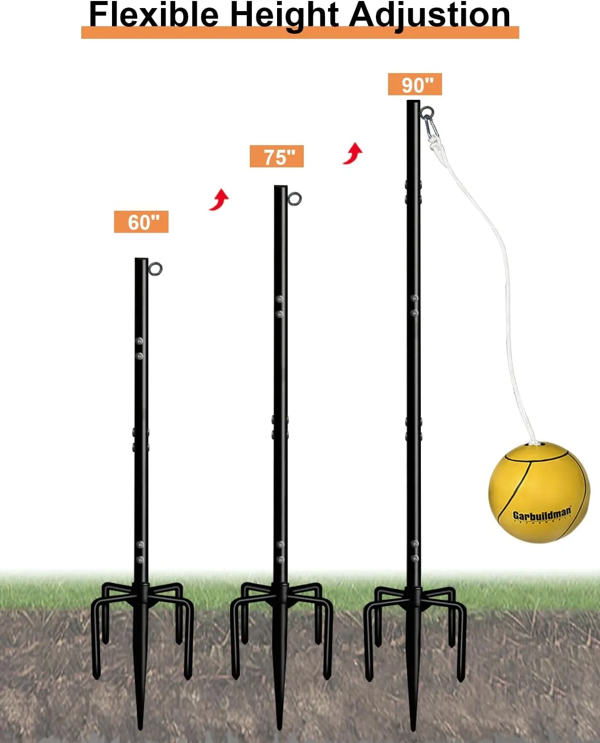 Garbuildman Tetherball Set with Ball & Rope for Outdoor Backyard, Adjustable Tether Ball Pole with Screw Reinforcement 5-Prong Base for Playground, Outside Ball Games Sports for Kids & Adults
