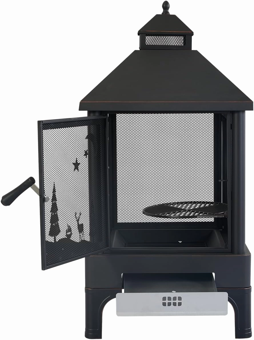 Garden Metal Outdoor Heating Furnace for Backyard Fir Pit, Rotating and Remote Cooking Grates (24.4×24.4×48)
