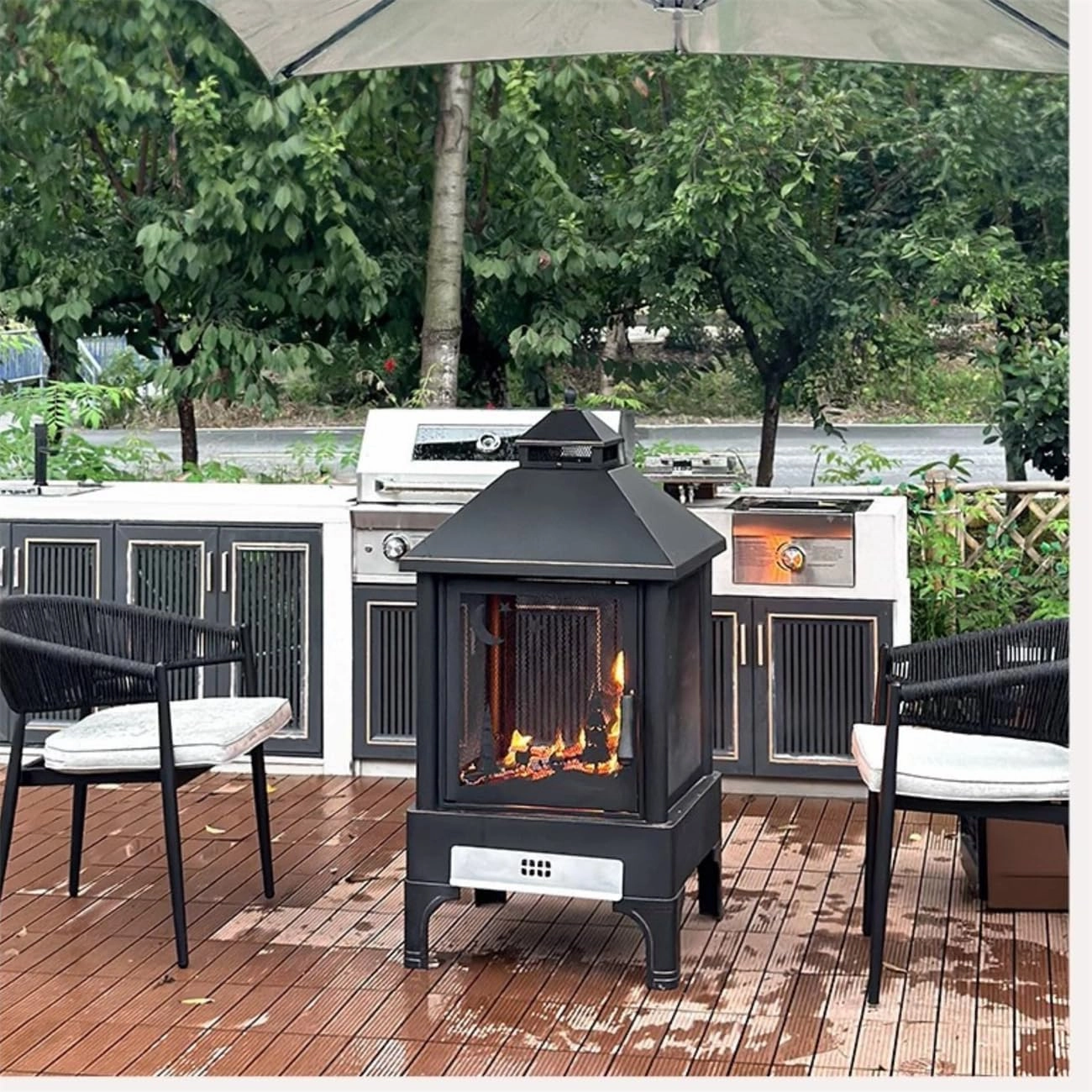 Garden Metal Outdoor Heating Furnace for Backyard Fir Pit, Rotating and Remote Cooking Grates (24.4×24.4×48)