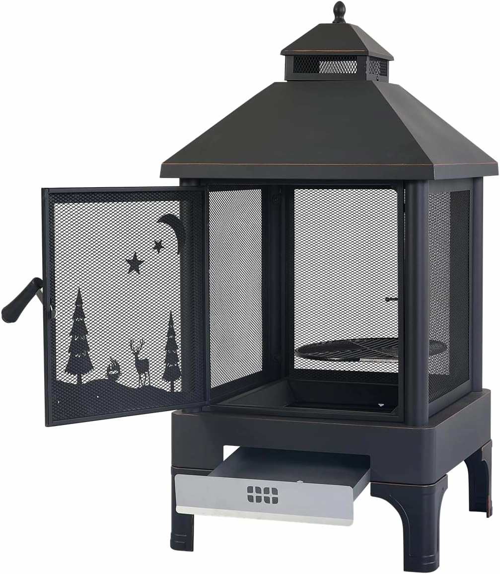 Garden Metal Outdoor Heating Furnace for Backyard Fir Pit, Rotating and Remote Cooking Grates (24.4×24.4×48)