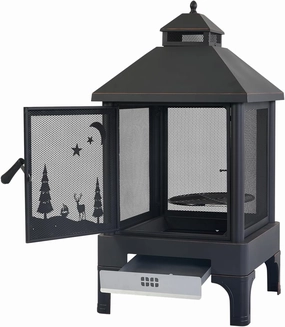 Garden Metal Outdoor Heating Furnace for Backyard Fir Pit, Rotating and Remote Cooking Grates (24.4×24.4×48)