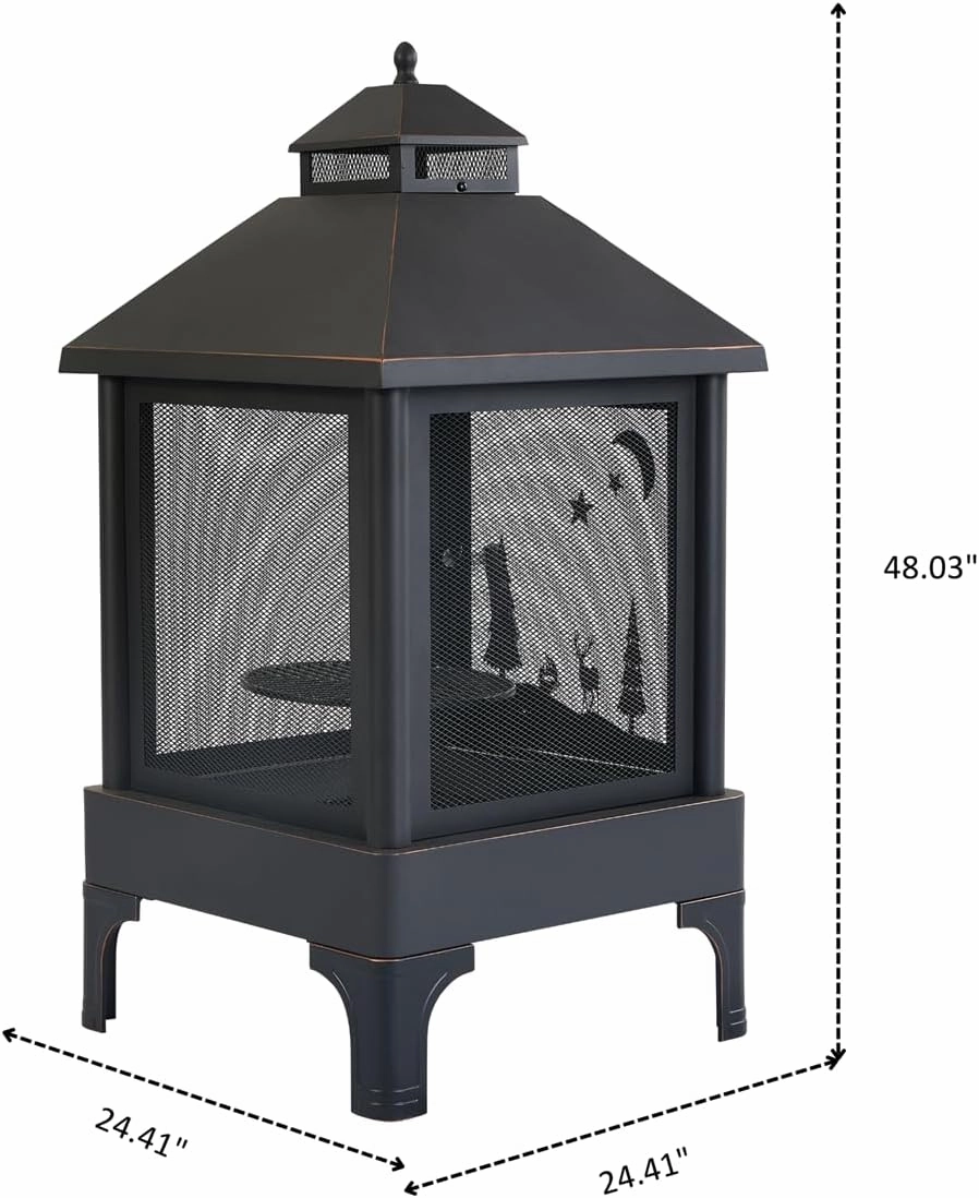 Garden Metal Outdoor Heating Furnace for Backyard Fir Pit, Rotating and Remote Cooking Grates (24.4×24.4×48)