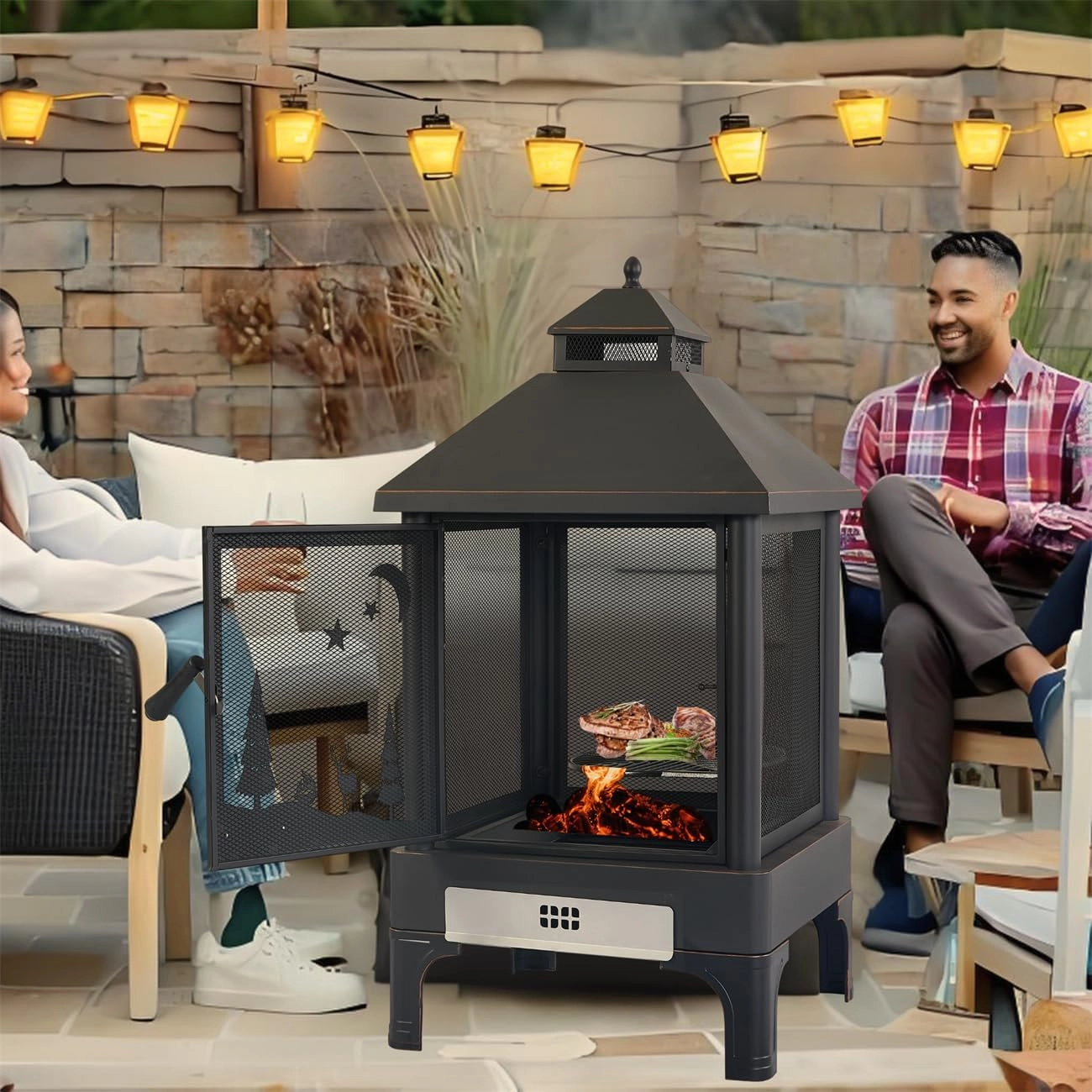 Garden Metal Outdoor Heating Furnace for Backyard Fir Pit, Rotating and Remote Cooking Grates (24.4×24.4×48)