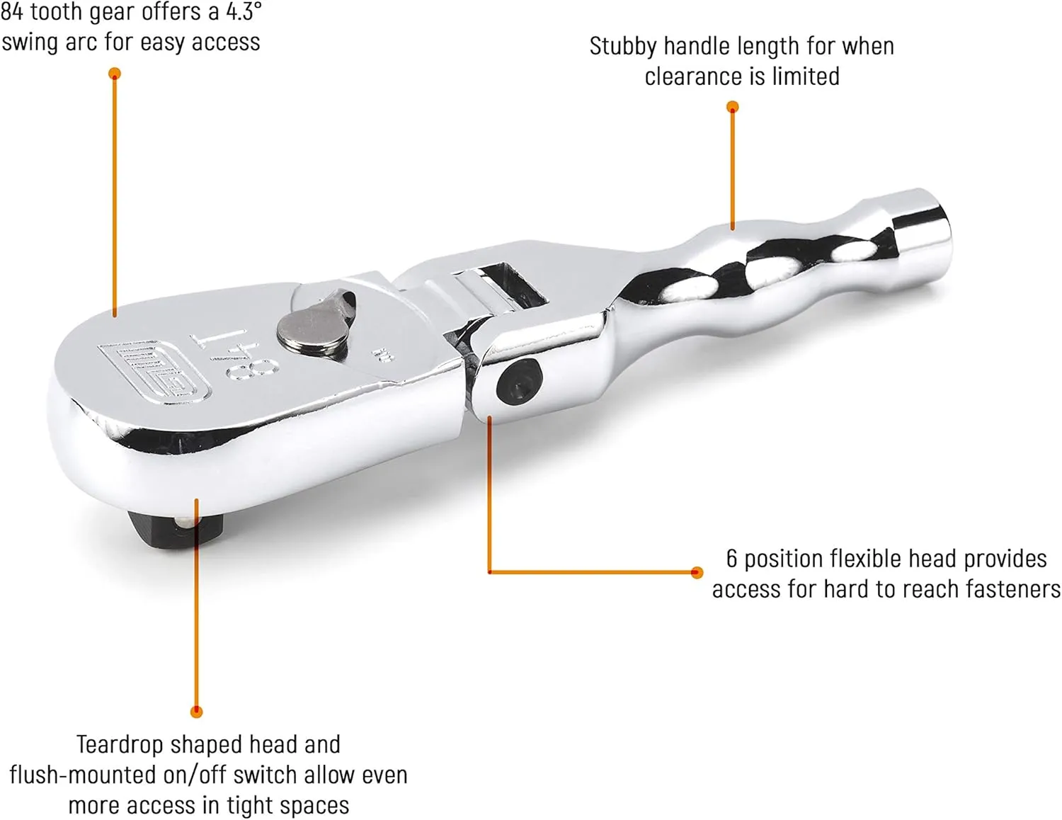 GEARWRENCH 3/8" Drive 84 Tooth Stubby Flex Head Teardrop Ratchet 5" - 81212A-07