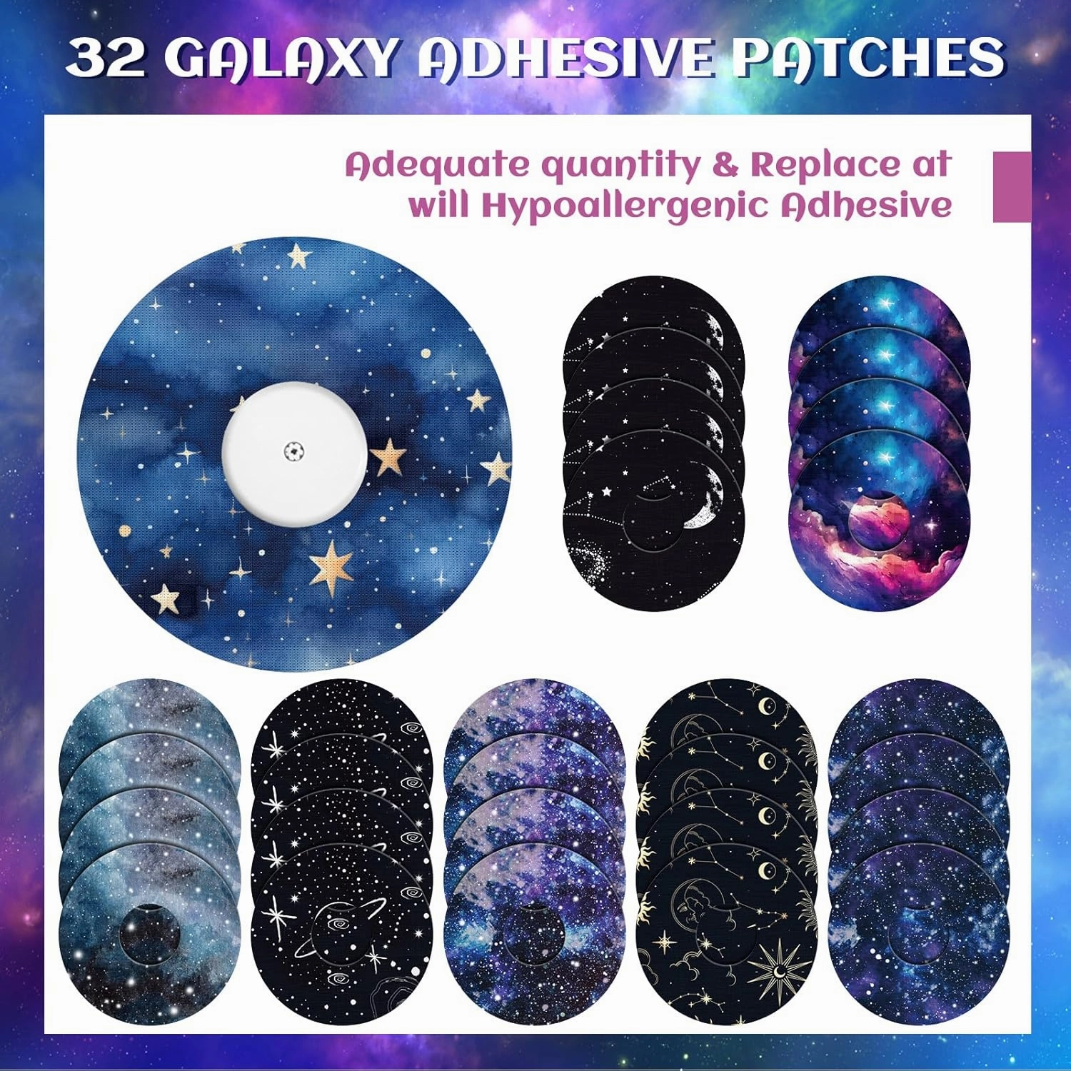 Geiserailie 32 Pack Round Adhesive Patches Compatible with Libre 3, CGM Patches, Galaxy Adhesive Tape Stickers, Sensor Covers Waterproof Sweat Proof Flexible Breathable Pre-Cut, Long Lasting