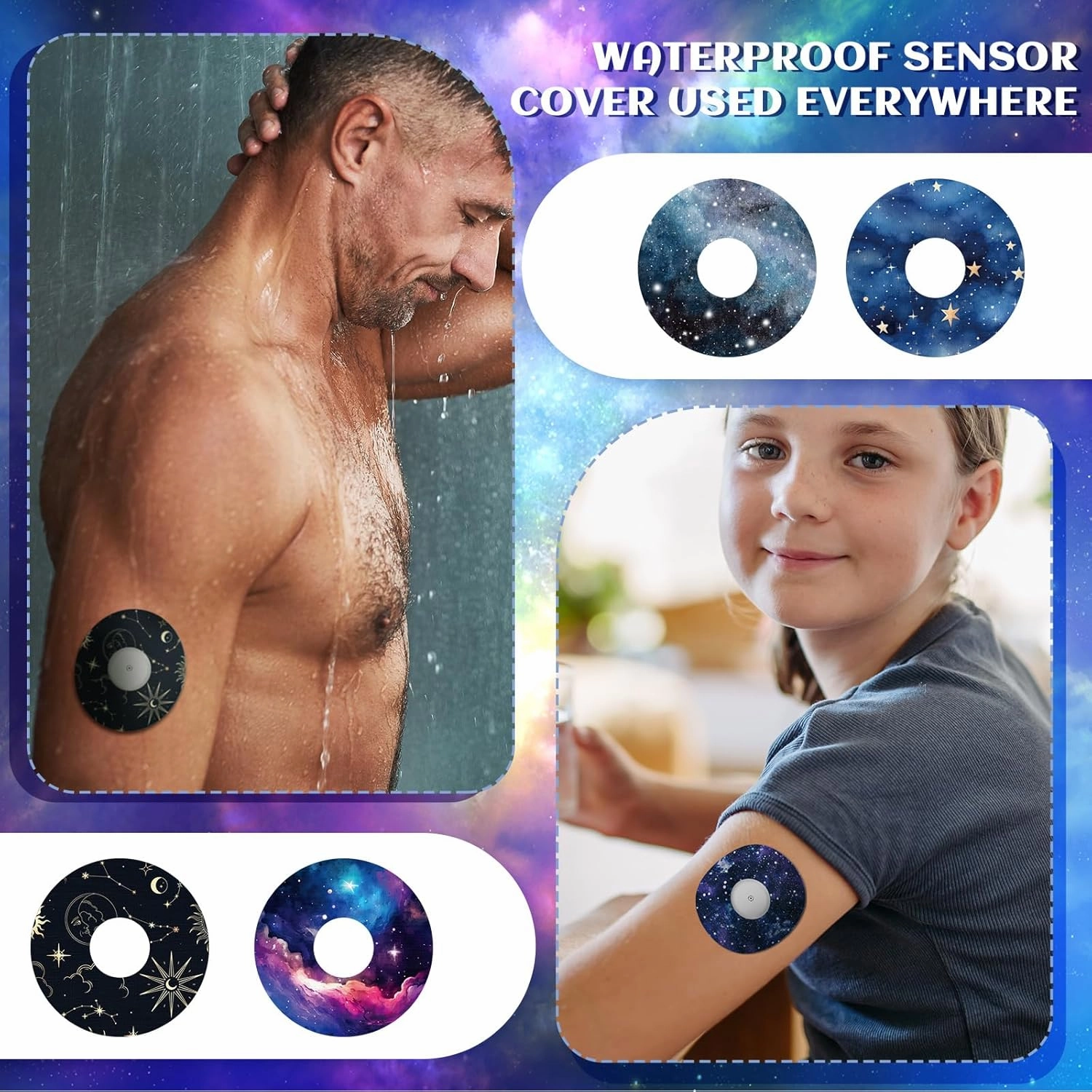 Geiserailie 32 Pack Round Adhesive Patches Compatible with Libre 3, CGM Patches, Galaxy Adhesive Tape Stickers, Sensor Covers Waterproof Sweat Proof Flexible Breathable Pre-Cut, Long Lasting
