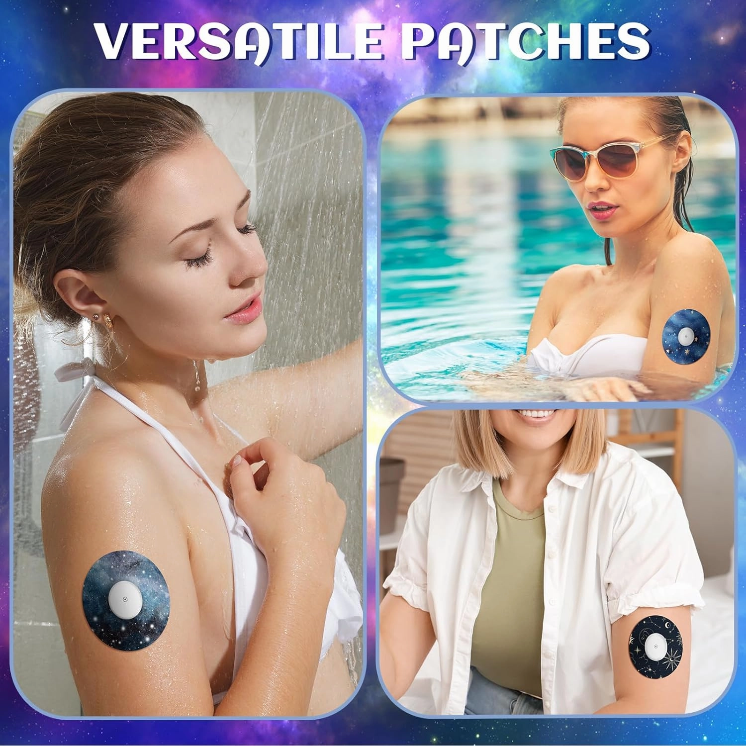 Geiserailie 32 Pack Round Adhesive Patches Compatible with Libre 3, CGM Patches, Galaxy Adhesive Tape Stickers, Sensor Covers Waterproof Sweat Proof Flexible Breathable Pre-Cut, Long Lasting