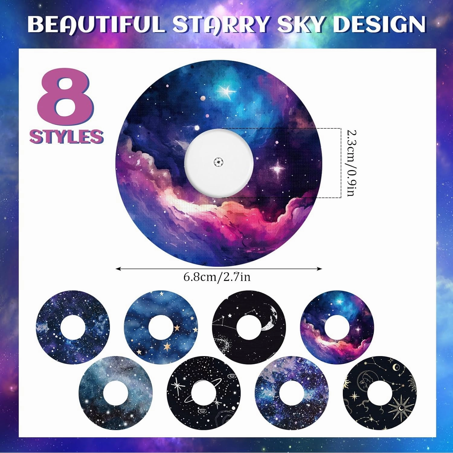 Geiserailie 32 Pack Round Adhesive Patches Compatible with Libre 3, CGM Patches, Galaxy Adhesive Tape Stickers, Sensor Covers Waterproof Sweat Proof Flexible Breathable Pre-Cut, Long Lasting