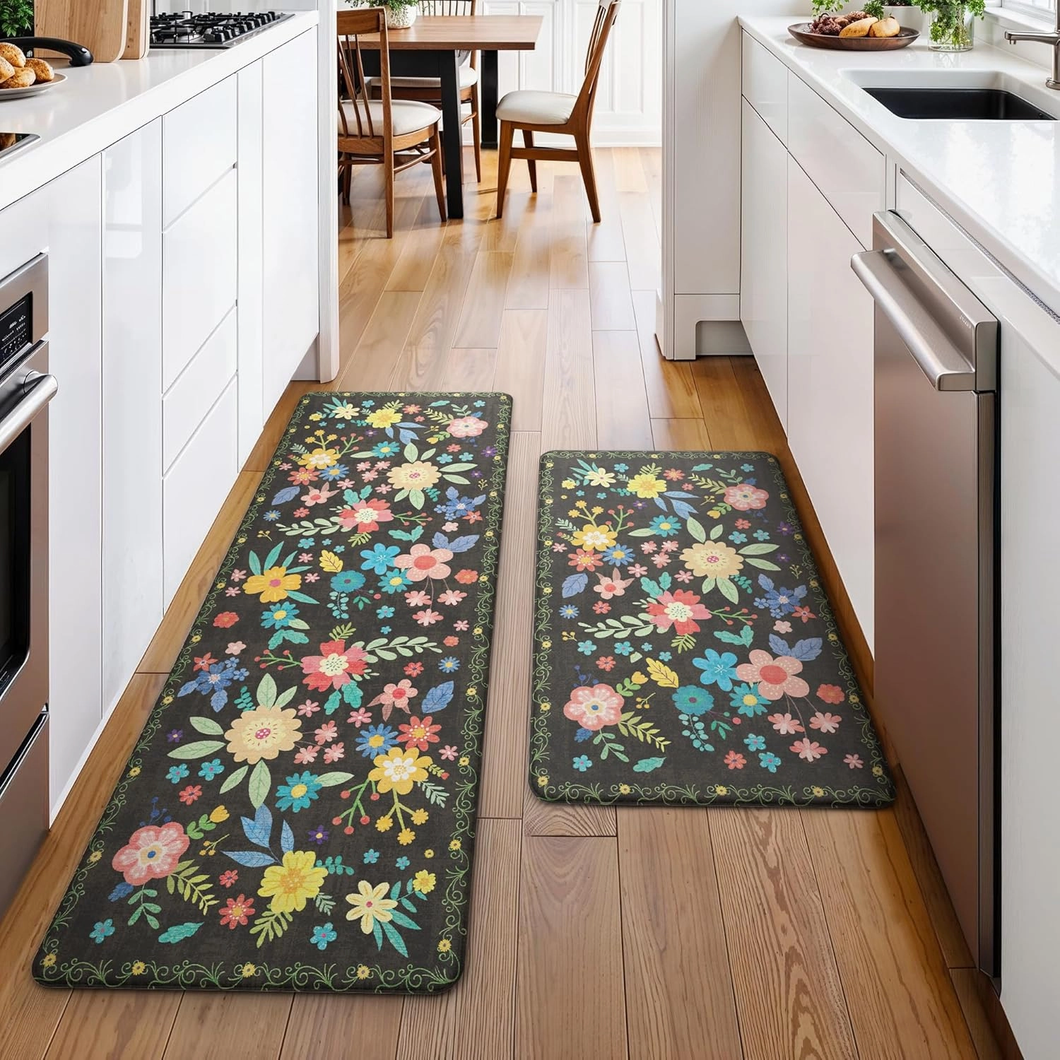 GENIMO Kitchen Mats for Floor 2PCS, Cushioned Kitchen Rugs Non Slip Washable, Anti Fatigue Mat Waterproof, Comfort Standing Mat Rug for Office, Home, Sink, Laundry, 17.3"x47" 17.3"x30", Black