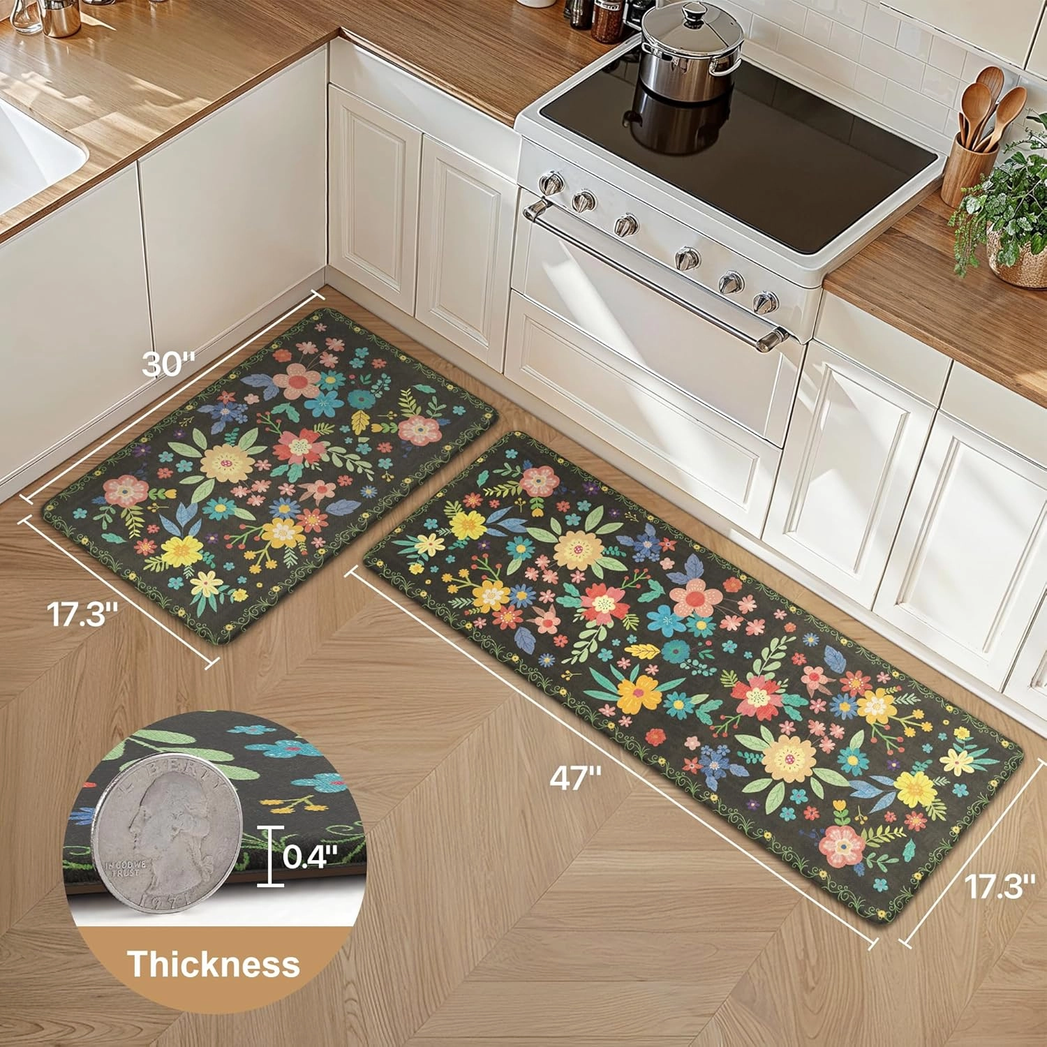 GENIMO Kitchen Mats for Floor 2PCS, Cushioned Kitchen Rugs Non Slip Washable, Anti Fatigue Mat Waterproof, Comfort Standing Mat Rug for Office, Home, Sink, Laundry, 17.3"x47" 17.3"x30", Black