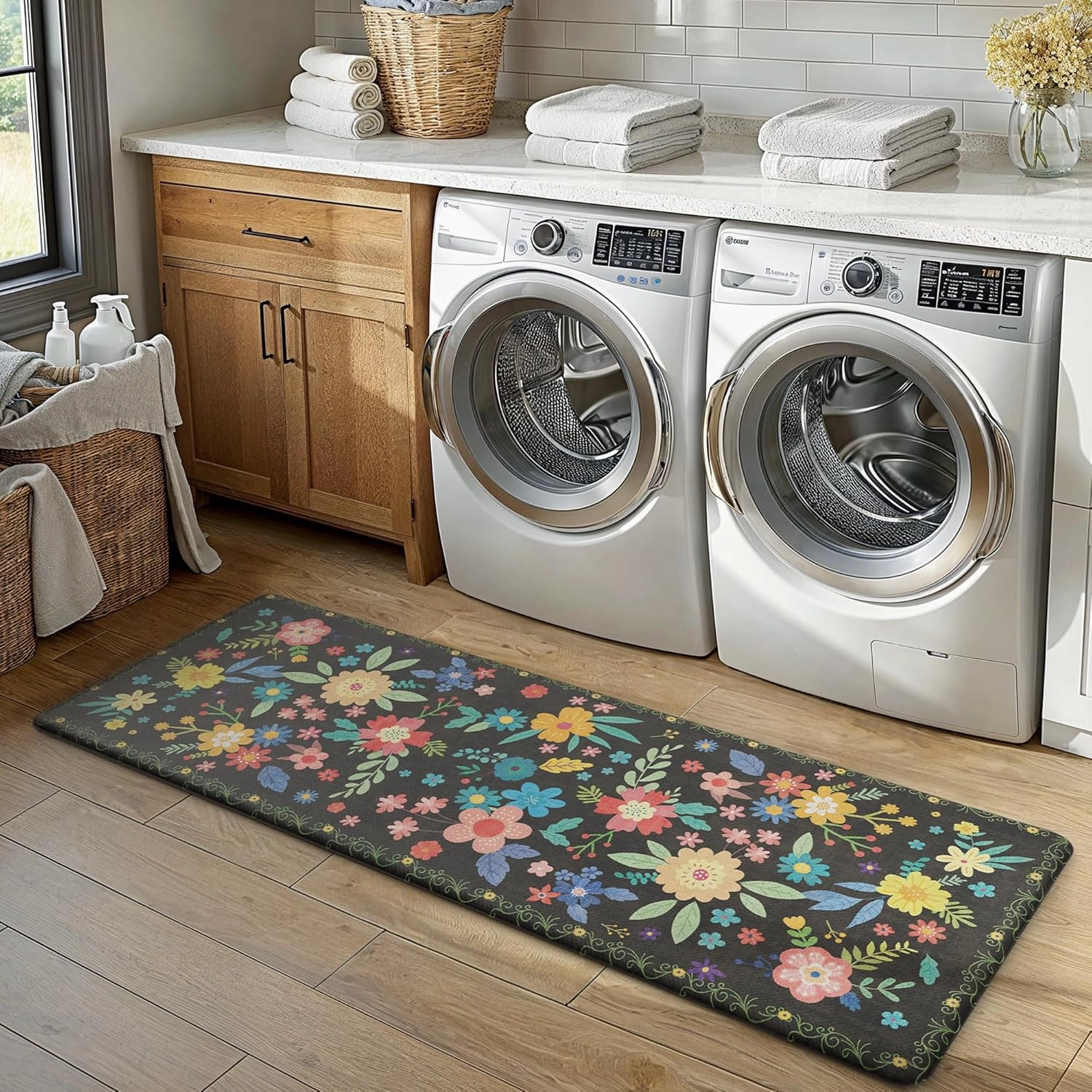 GENIMO Kitchen Mats for Floor 2PCS, Cushioned Kitchen Rugs Non Slip Washable, Anti Fatigue Mat Waterproof, Comfort Standing Mat Rug for Office, Home, Sink, Laundry, 17.3"x47" 17.3"x30", Black