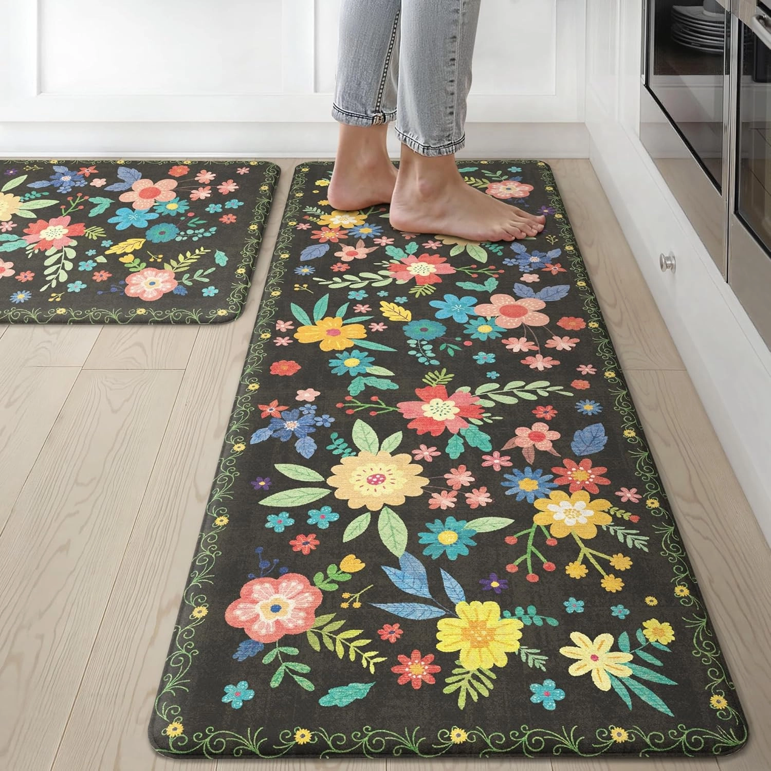 GENIMO Kitchen Mats for Floor 2PCS, Cushioned Kitchen Rugs Non Slip Washable, Anti Fatigue Mat Waterproof, Comfort Standing Mat Rug for Office, Home, Sink, Laundry, 17.3"x47" 17.3"x30", Black