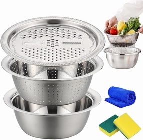 Germany Multifunctional Stainless Steel Basin, 3-in-1 Stainless Steel Shredding & Drainage Chopping Basin with Grater, Strainer, Drain Basket, for Kitchen, Salad, Vegetable Prep (10.24In)