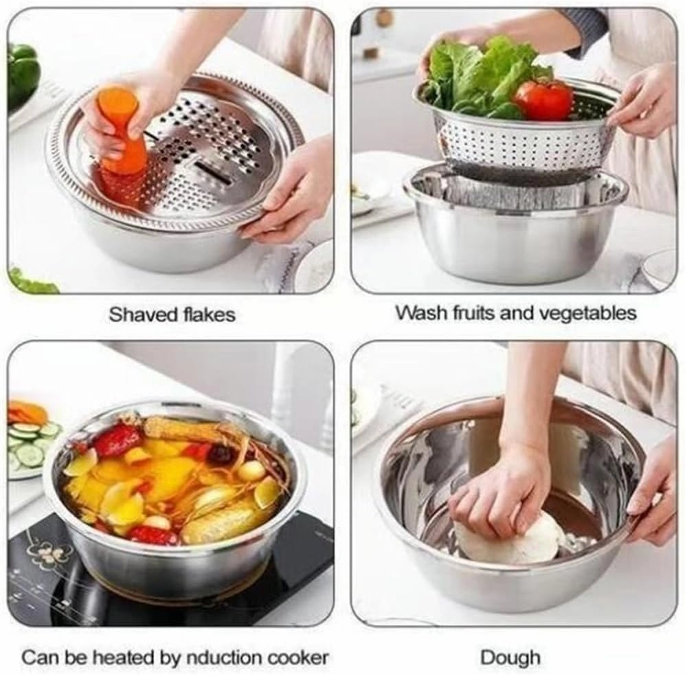 Germany Multifunctional Stainless Steel Basin, 3-in-1 Stainless Steel Shredding & Drainage Chopping Basin with Grater, Strainer, Drain Basket, for Kitchen, Salad, Vegetable Prep (10.24In)