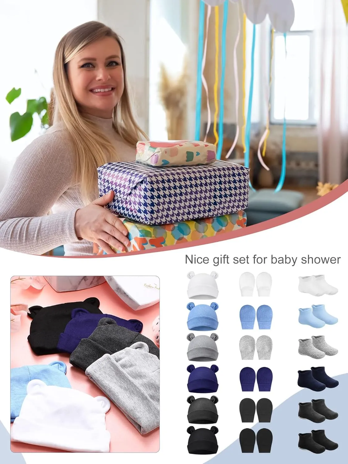 Geyoga Newborn Baby Hat Bear Ears Mittens and Socks Set for 0-6 Month