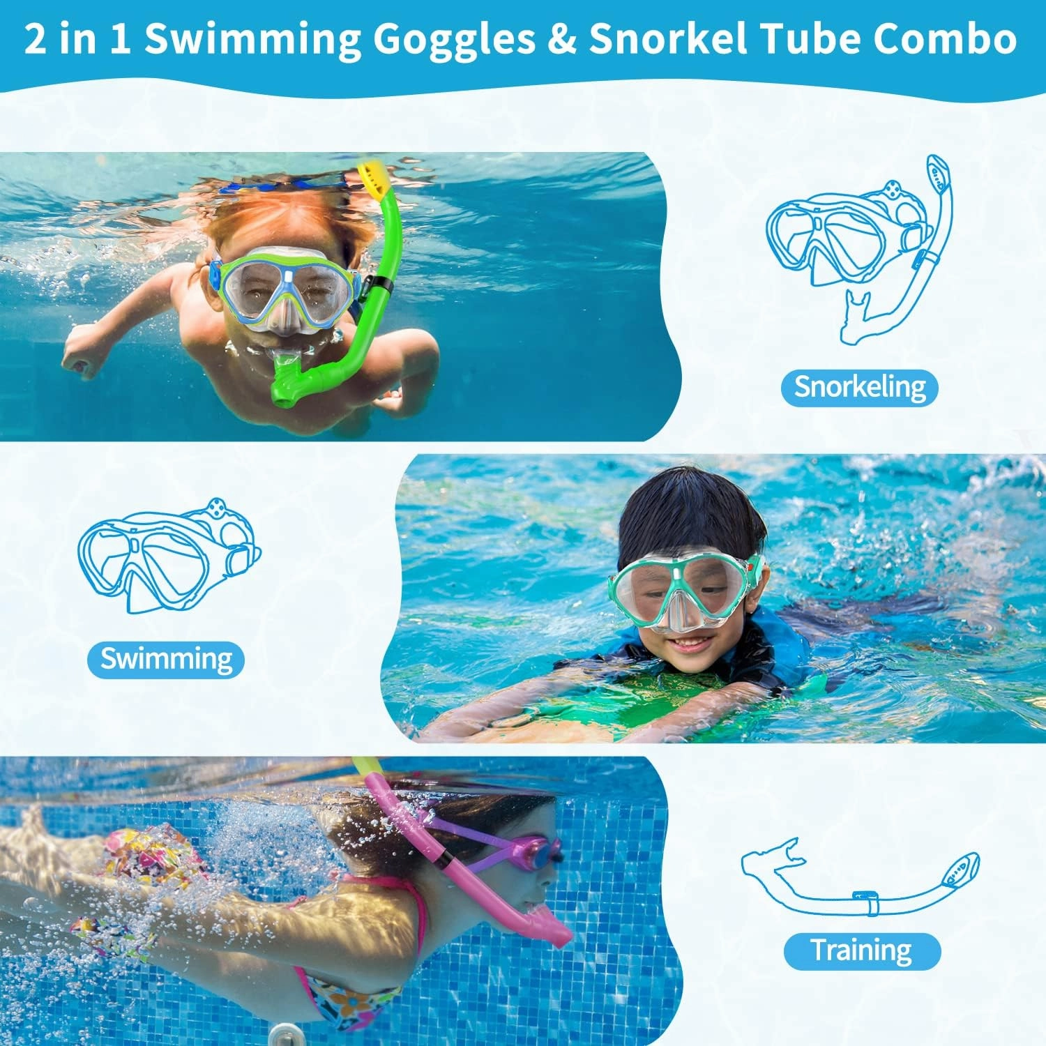 Gintenco Kids Snorkel Set, Diving Mask for Children as Unisex Kids Swimming Goggles, Anti-Fog Diving Mask and Dry Top Snorkel Combo Set for Junior and Youth