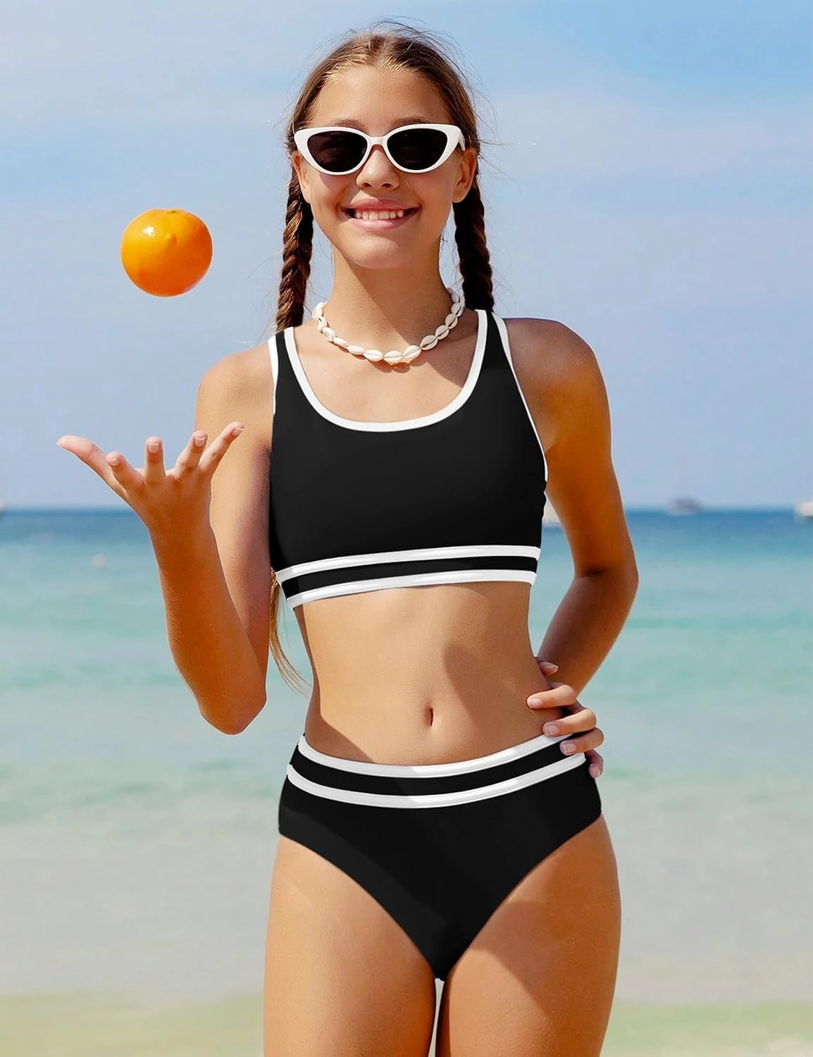 Girls Swimsuit Double Strap High Waist Sporty Bikini Swimsuits Swim Cover Up Skirt 3 Piece Set