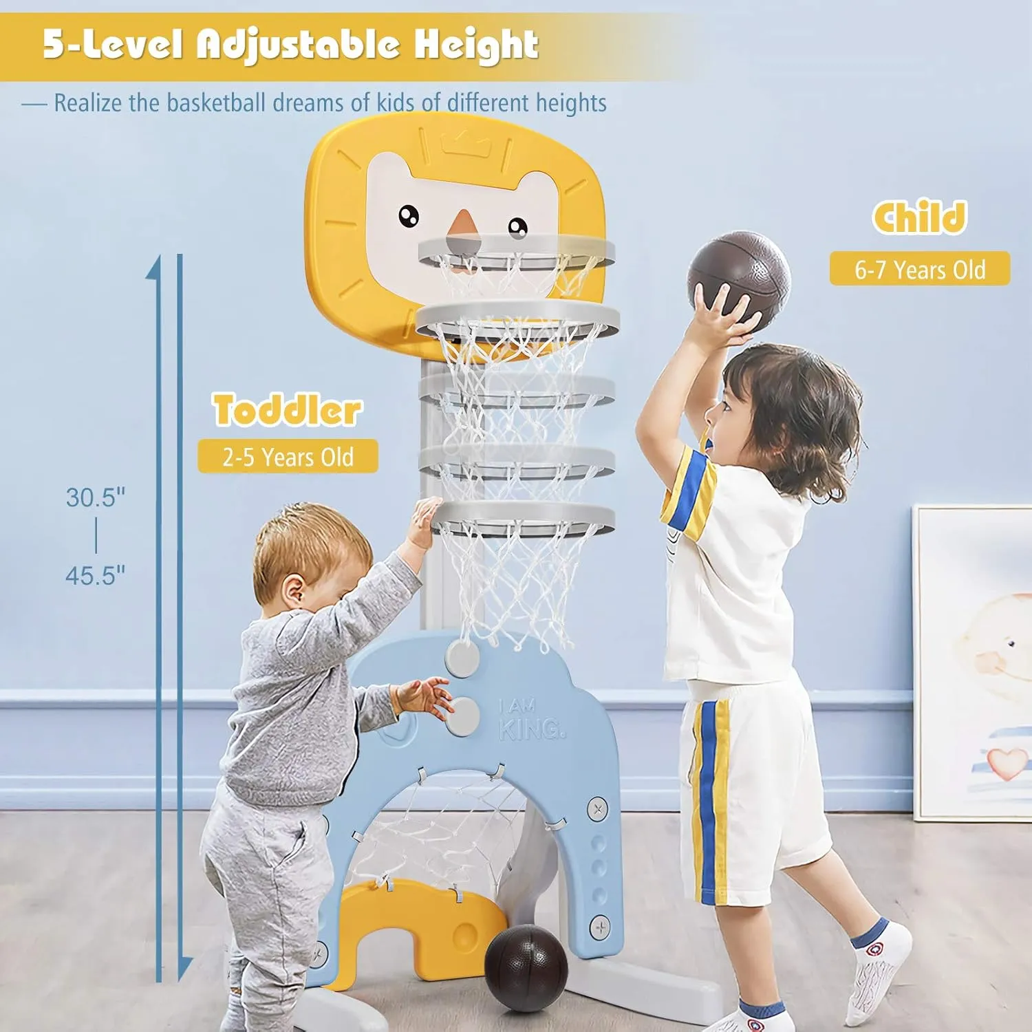 GLACER Toddler Basketball Hoop, 3-in-1 Basketball Goal w/Adjustable Height 3.6-4.9 FT, Basketball Soccer Golf Game Set for Indoor Outdoor, Kids Basketball Hoop Best Gift for Baby 3-7 Years (Yellow)