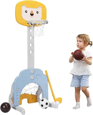 GLACER Toddler Basketball Hoop, 3-in-1 Basketball Goal w/Adjustable Height 3.6-4.9 FT, Basketball Soccer Golf Game Set for Indoor Outdoor, Kids Basketball Hoop Best Gift for Baby 3-7 Years (Yellow)
