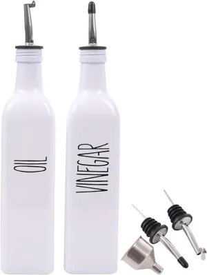 Glass Oil and Vinegar Dispenser Set For Kitchen,17oz Olive Oil Dispenser Bottle with Pour Spout,Farmhouse Olive Oil Dispenser Bottle For Kitchen,White Decor (2 white)