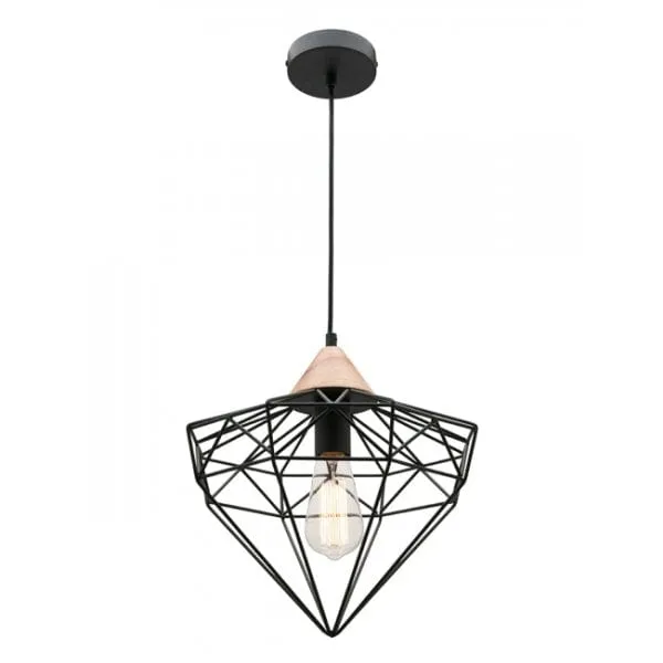 GLINT - Stylish Black Metal Caged 1 Light Pendant Featuring Timber Highlights