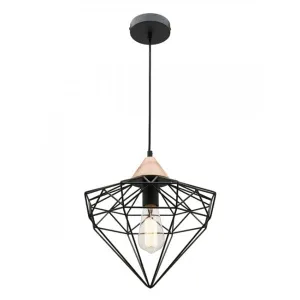 GLINT - Stylish Black Metal Caged 1 Light Pendant Featuring Timber Highlights