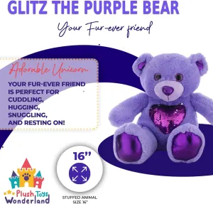 Glitz The Purple Bear 16 inch Plush Stuffed Animal Toy, Soft & Cuddly Teddy Bear Gift for Kids, Children & Toddlers, Birthday Present, Collectible Purple Teddy, Cozy Plush Toy