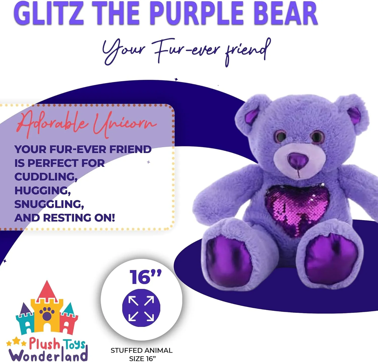 Glitz The Purple Bear 16 inch Plush Stuffed Animal Toy, Soft & Cuddly Teddy Bear Gift for Kids, Children & Toddlers, Birthday Present, Collectible Purple Teddy, Cozy Plush Toy