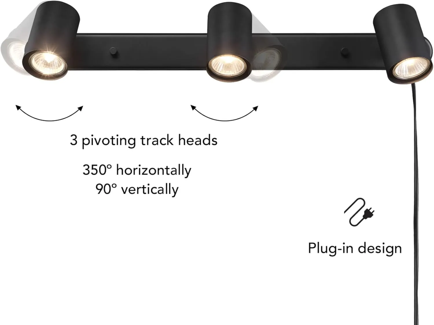 GLOBE Electric 59467 3-Light Plug-in Track Lighting, Matte Black, Bulb Not Included