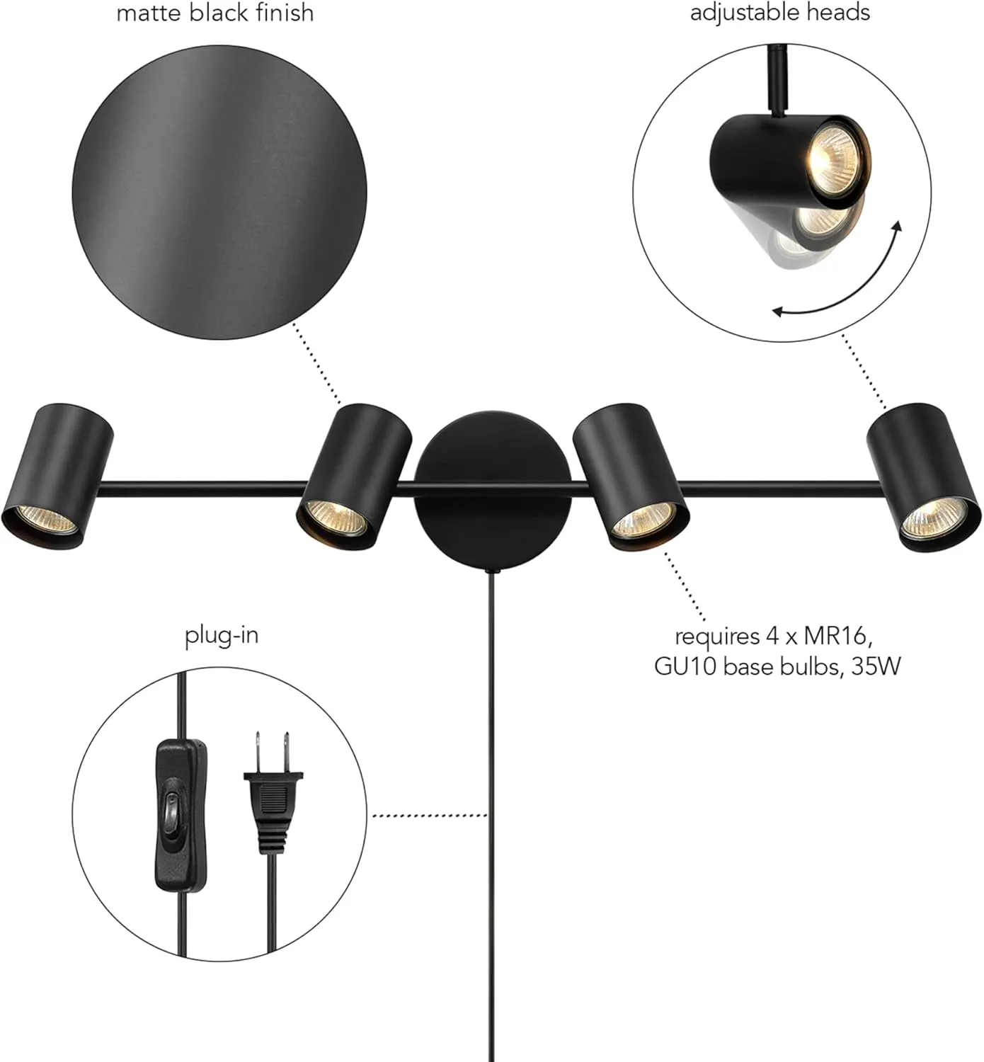 GLOBE Electric 64000119 4-Light Plug-in Track Lighting, Matte Black Finish, Adjustable Heads, Wall or Ceiling Mount, Modern Industrial Design