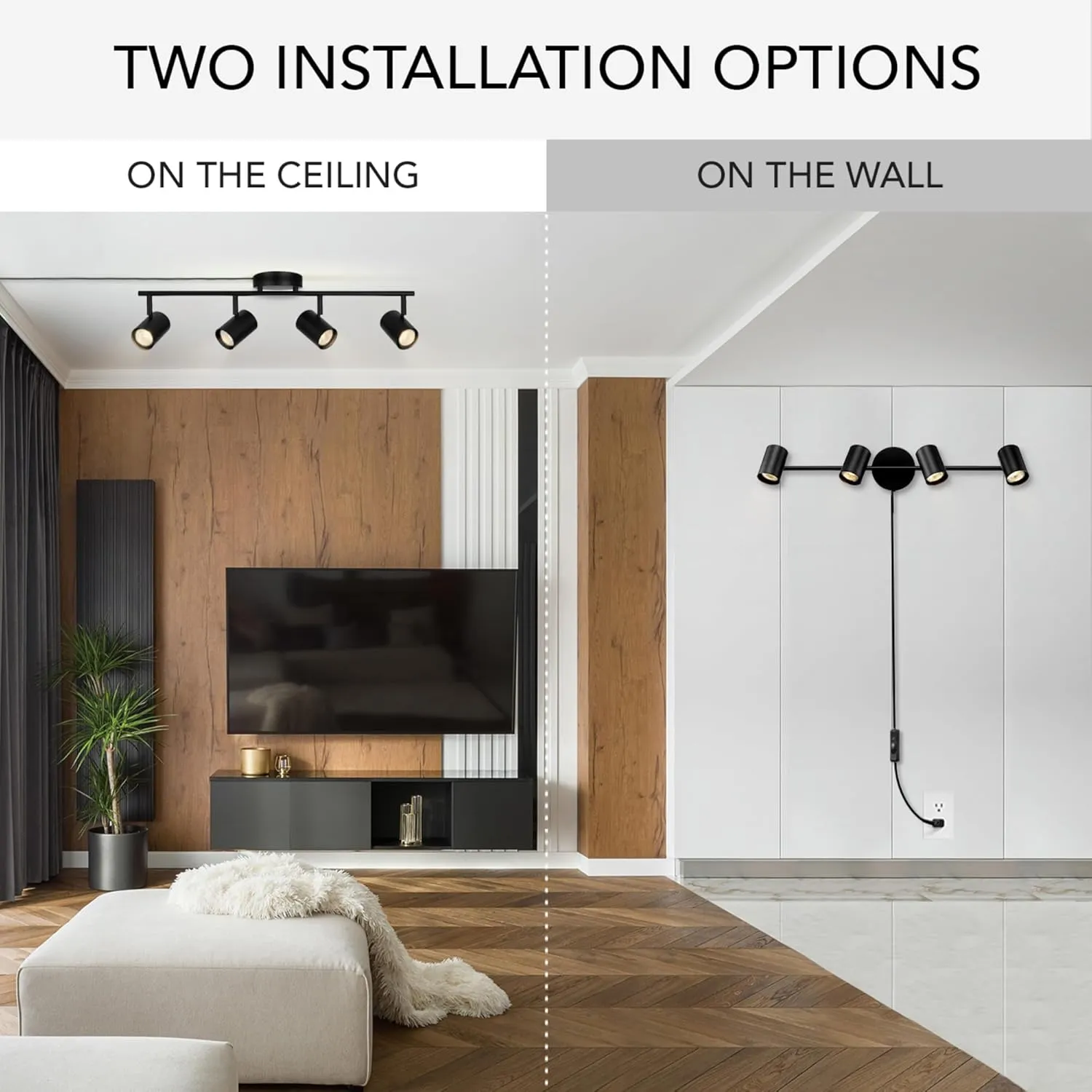 GLOBE Electric 64000119 4-Light Plug-in Track Lighting, Matte Black Finish, Adjustable Heads, Wall or Ceiling Mount, Modern Industrial Design