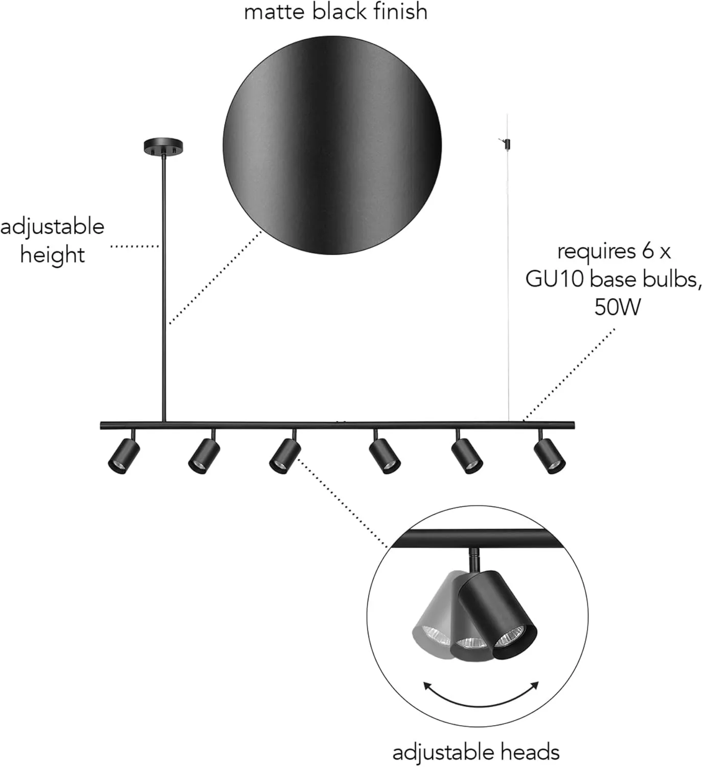 GLOBE Electric 64000123 55" 6-Light Adjustable Height Track Lighting, Matte Black, Pivoting Track Heads