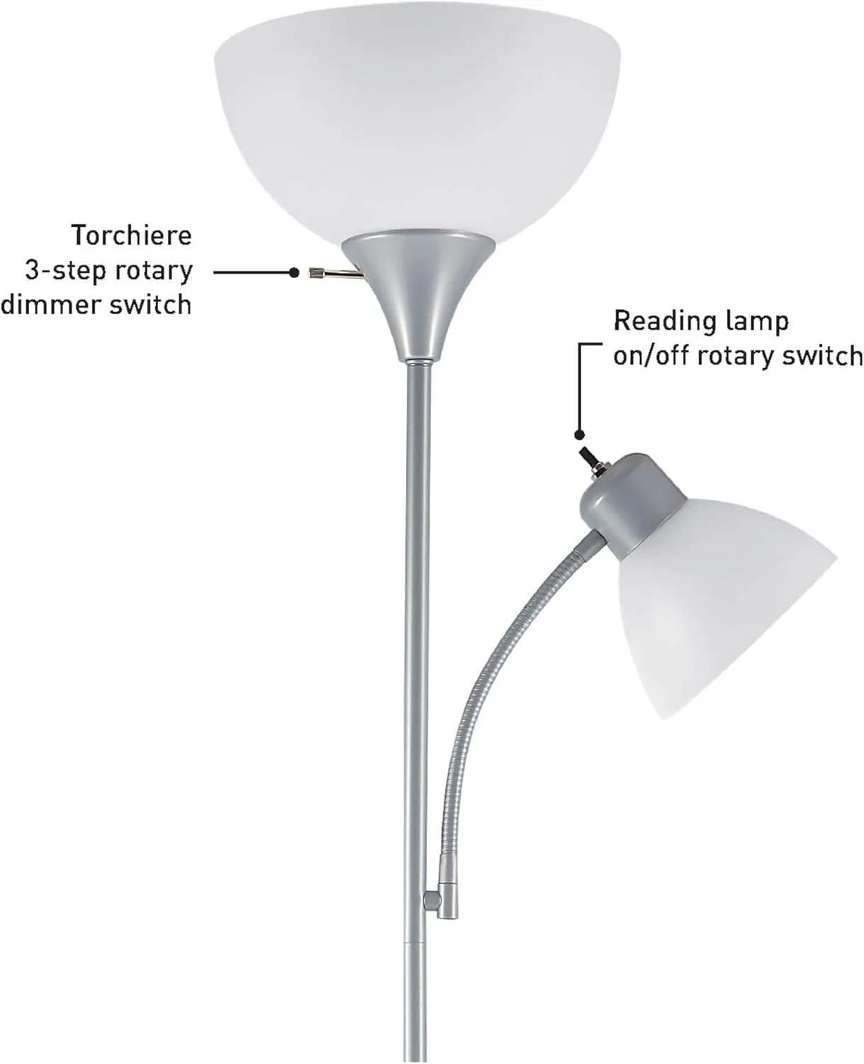 GLOBE Electric 67134 72" Torchiere Floor Lamp   Adjustable Reading Light, Silver, Frosted Plastic Shade, 3-Step Rotary Switch on Socket, Living Room Décor, Reading Light, Home Essentials, Bedroom
