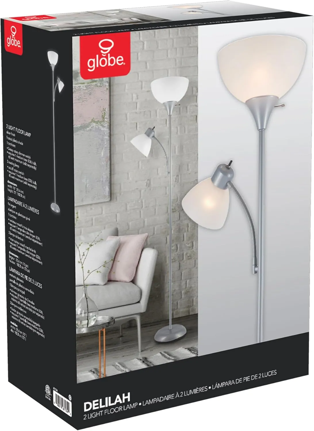 GLOBE Electric 67134 72" Torchiere Floor Lamp   Adjustable Reading Light, Silver, Frosted Plastic Shade, 3-Step Rotary Switch on Socket, Living Room Décor, Reading Light, Home Essentials, Bedroom