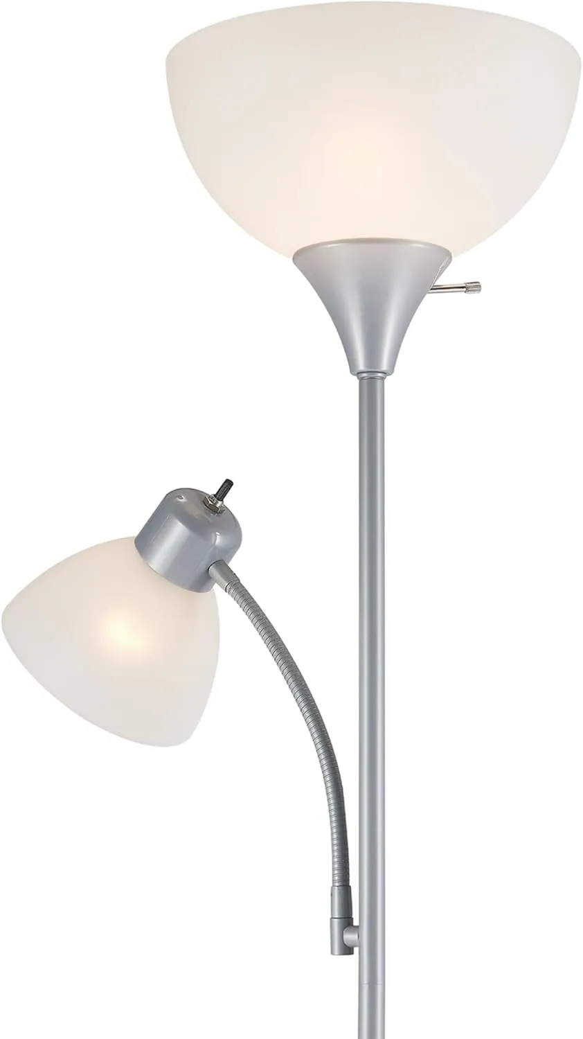 GLOBE Electric 67134 72" Torchiere Floor Lamp   Adjustable Reading Light, Silver, Frosted Plastic Shade, 3-Step Rotary Switch on Socket, Living Room Décor, Reading Light, Home Essentials, Bedroom